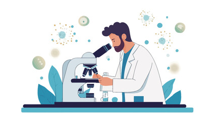This illustration depicts a male scientist meticulously adjusting a compound microscope. He is depicted as a stylized vector illustration with a simple, flat design and limited .