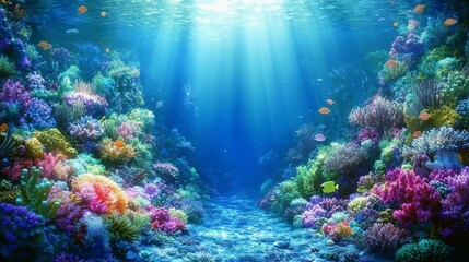 Obraz premium Colorful coral reef scene with fish swimming, bathed in sunlight underwater