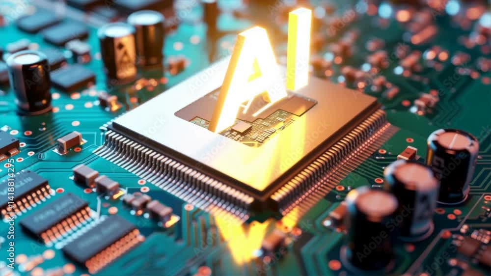 Poster close-up of a microchip on a circuit board, showcasing intricate details of modern electronics.