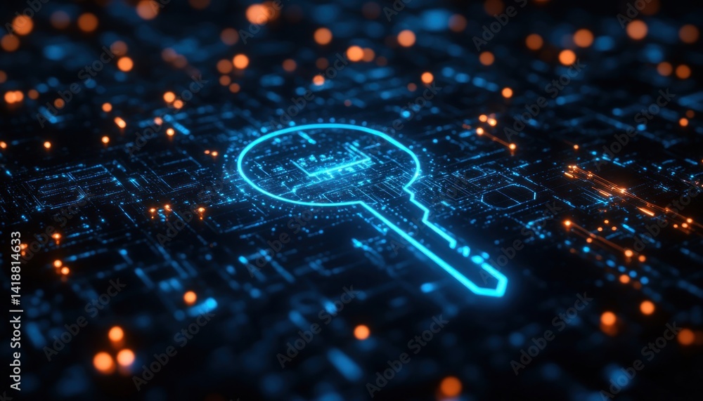 Poster futuristic digital key with network security and cyberpunk technology access control icon