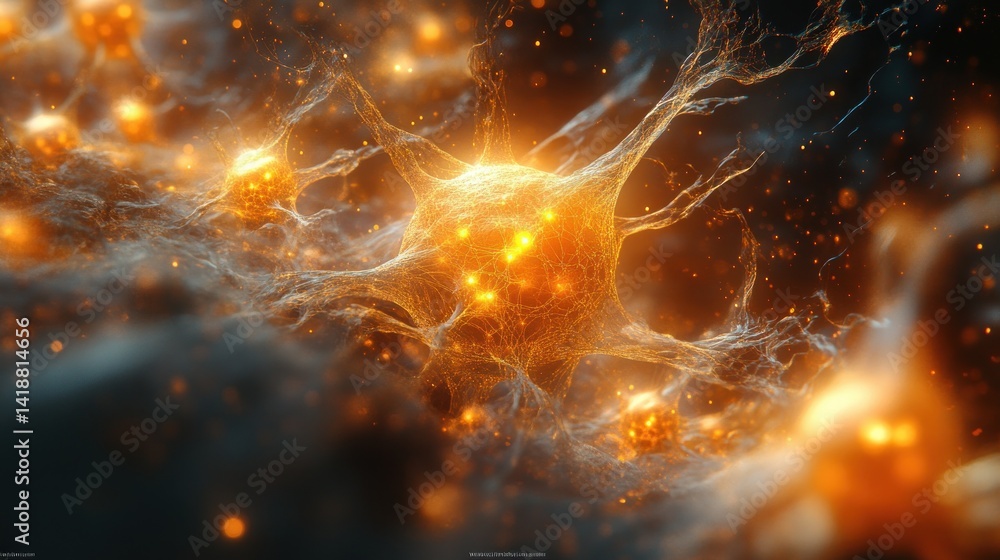 Poster Microscopic view of abstract biological network with golden orbs and web-like structures on dark cosmic background