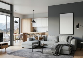 Fototapeta premium Modern living room and kitchen with empty poster on wall.