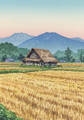 Maison champ riz dor lumi&egrave;re douce matin. AI Generated