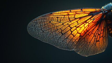 Detailed close-up of a vibrant insect wing, showcasing intricate vein patterns and a warm golden hue
