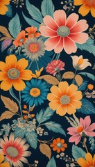 A vibrant floral pattern featuring an array of orange and blue flowers, intricately intertwined with lush green leaves, creating a lively and cheerful design perfect for textiles or wallpapers.