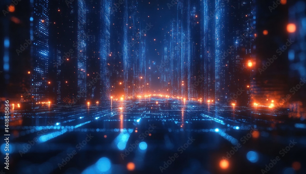 Poster futuristic blue location pin icon connected in digital network with neon light effects and cyberpunk