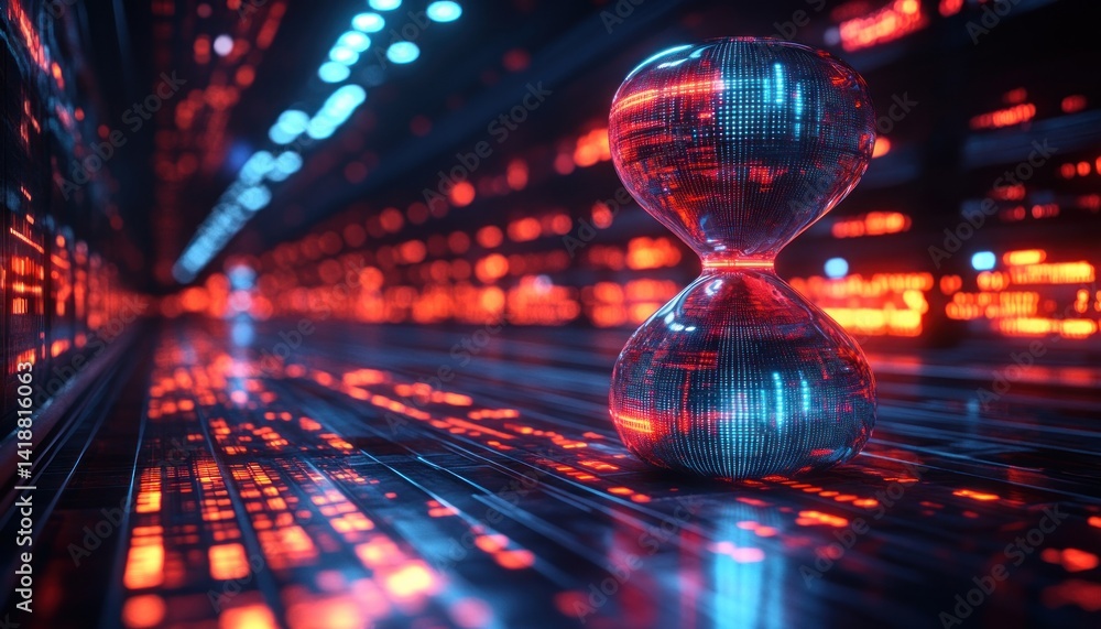 Aufkleber futuristic neon hourglass digital icon with network connectivity flow of time data cyberpunk tech in