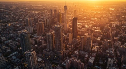 Fototapeta premium Aerial View of City Skyline at Sunset