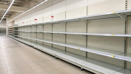Empty supermarket shelves in a well-lit store aisle.