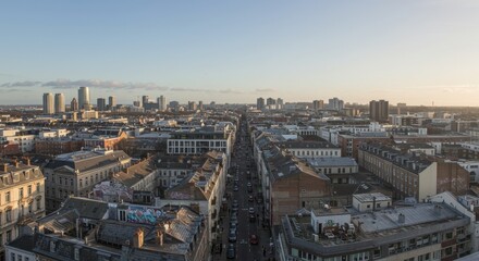 Aerial View of City Skyline at Sunset