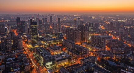 Fototapeta premium Aerial View of City Skyline at Sunset