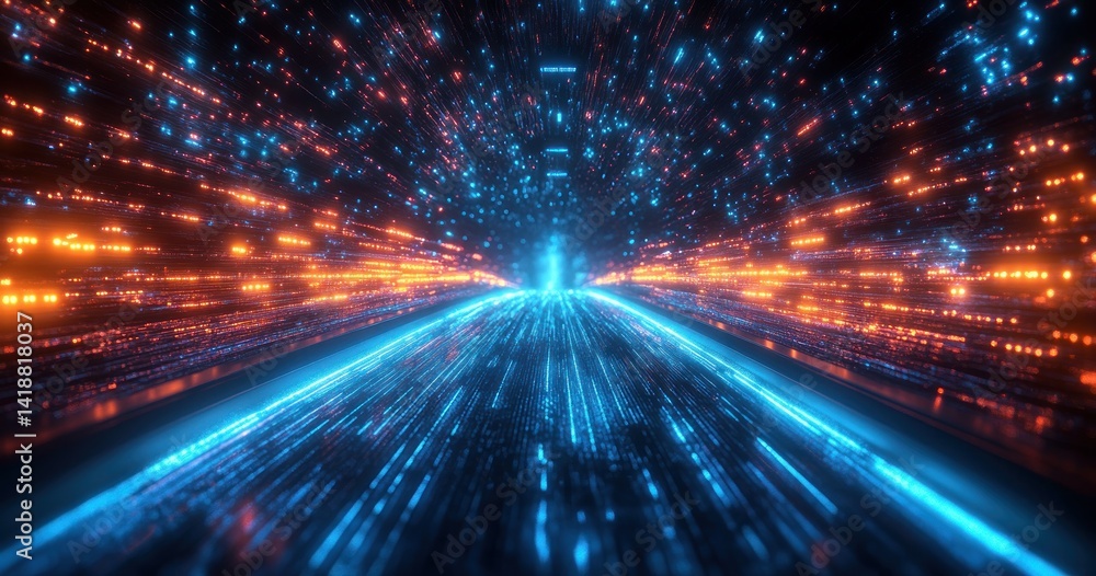Poster glowing blue neon lines weaving through cyberspace in a futuristic 3d digital network with dynamic p