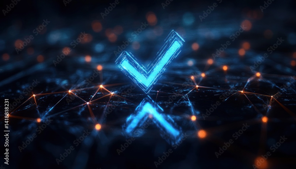 Poster futuristic digital checkmark glowing neon blue connected network verification approval technology cy