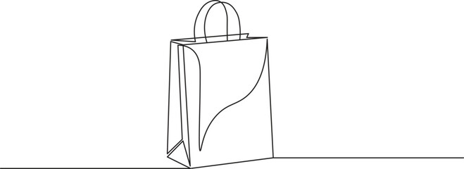 Paper bag in continuous line art drawing style. Shopping bag minimalist black linear sketch isolated on white background. Vector illustration