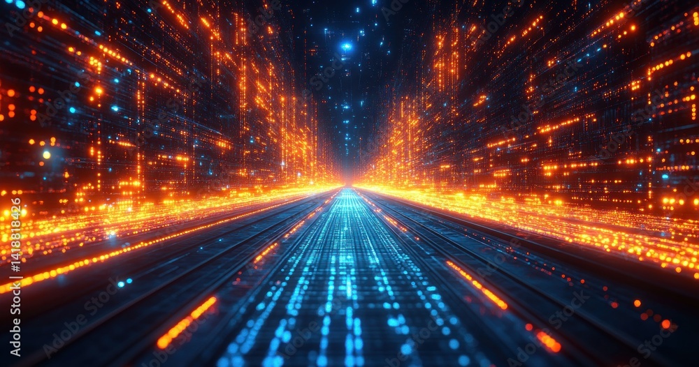 Poster futuristic cyberpunk digital circuitry with neon light streaks and glowing grids in a symmetrical va