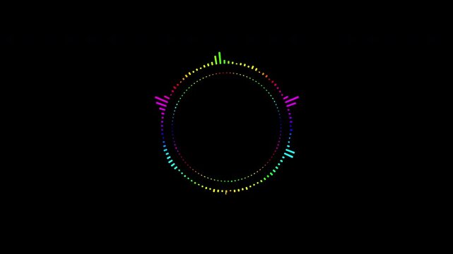 Abstract circular animation of colorful sound wave circle equalizer. Animation. Audio spectrum simulation for music, computer calculating, futuristic, ads, animation.