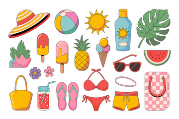 A collection of colorful retro-style summer illustrations including a hat, beach ball, sun, sunscreen, ice cream, pineapple, swimsuit, and more.