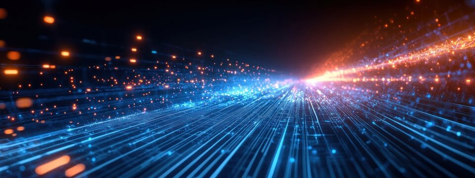 Futuristic digital landscape with neon lights geometric wireframe glowing blue orange hues cyberpunk tech network data center speed motion blur