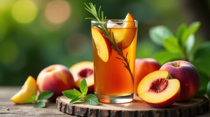 Fototapeta premium Refreshing peach iced tea garnished with rosemary and surrounded by ripe peaches, set against a vibrant outdoor backdrop