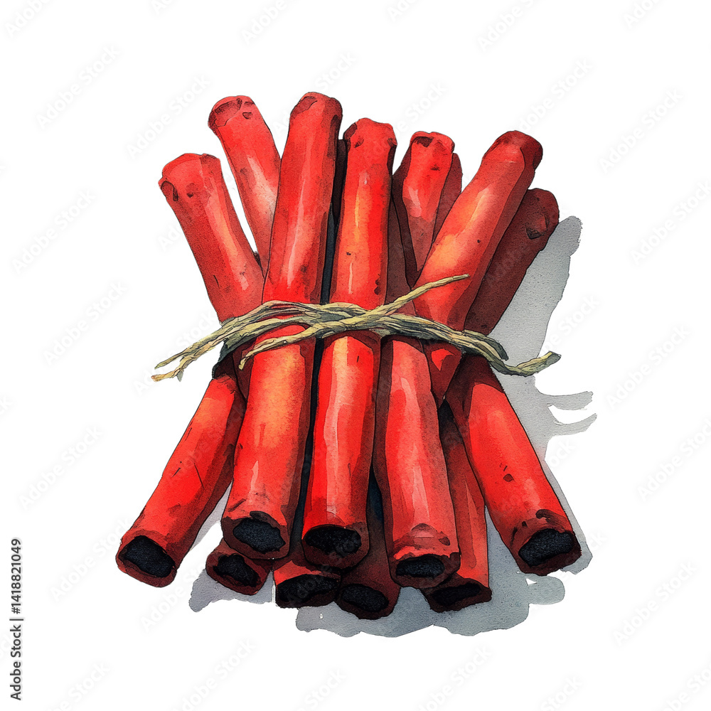 Poster Stylized bundle of red cylindrical objects tied with dried branches rendering