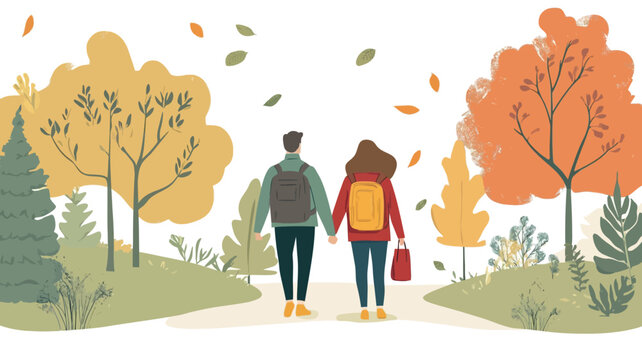 This stylized vector illustration depicts the backs of a couple walking along an autumn path. The color palette is warm with a hint of bright.