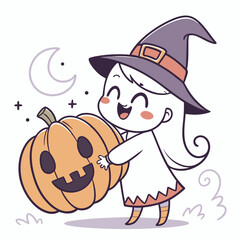 A cute ghost girl holding a big carved pumpkin with a happy face, wearing a witch hat and smiling.