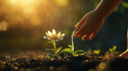 Fototapeta premium Child watering flower, sunset garden, growth, nature