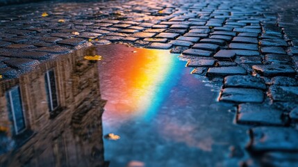 Rainbow Reflection in Cobblestone Puddle