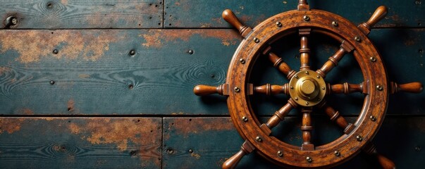Fototapeta premium Vintage wooden ship wheel with rope and brass accents, wheel, navigation