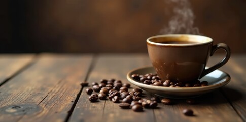 Fototapeta premium Vintage wooden table with espresso coffee cup and beans in a warm atmosphere, warmth, decor