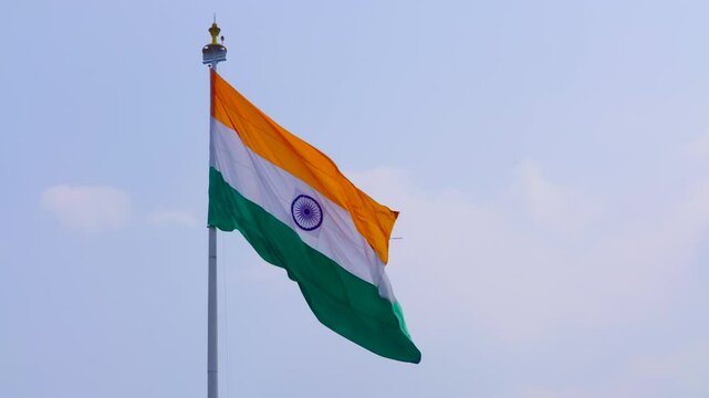 Indian National Flag Flying in Real Slow Motion, Flying Indian National Flag, The Tricolour, Indian Flag with clean Blue Background, Har Ghar Tiranga, 15th August