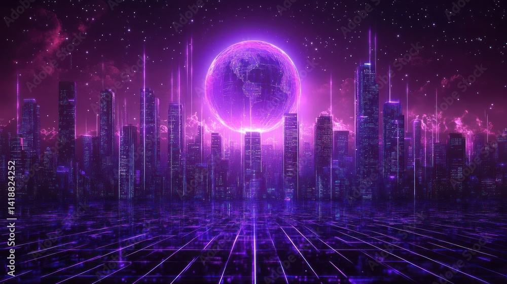 Poster futuristic neon cyberpunk cityscape with purple lights holographic globe digital grid and 5g smart t
