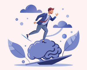 Brain intelligence, resilience or creativity to control thinking process for new idea, smart or wisdom to brainstorm, imagination to success concept, businessman riding human brain with springboard

