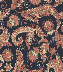  Seamless floral pattern, classic flower ornament, abstract ditsy print in vintage motif. Elegant botanical design of beautiful large wild flowers, leaves, small branches, herbs. Vector illustration.