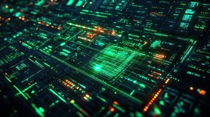 Obraz premium Futuristic digital interface with glowing green holographic elements and cyberpunk style technology for data analytics and information analysis