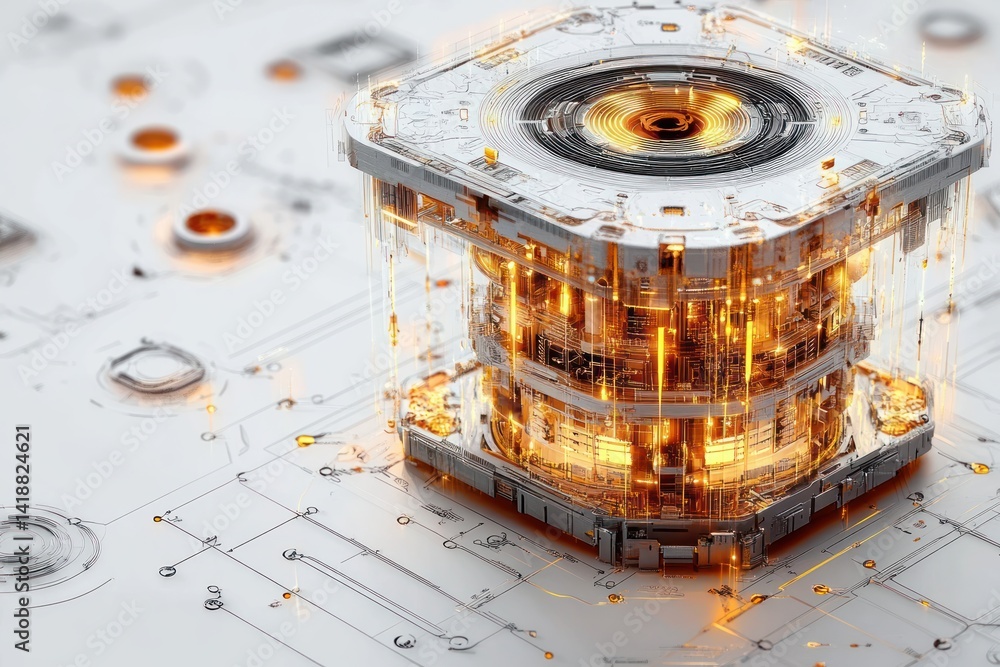 Poster quantum computer core with gold and silver circuitry on white background modern futuristic technolog