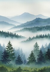 Paysage montagneux brumeux bleu matin calme. AI Generated