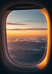 Aerial View of Sunset Through Airplane Window