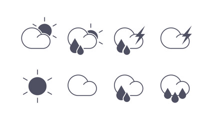 Monochrome flat weather icons showing sun, cloud, rain, and thunderstorm. Ideal for dark UI, print material, or minimalist design projects