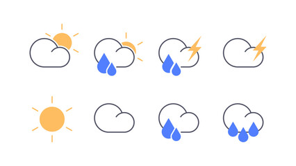 Minimal flat weather icons including sun, cloud, rain, and lightning. Clean design for forecast interface, app UI, or infographics