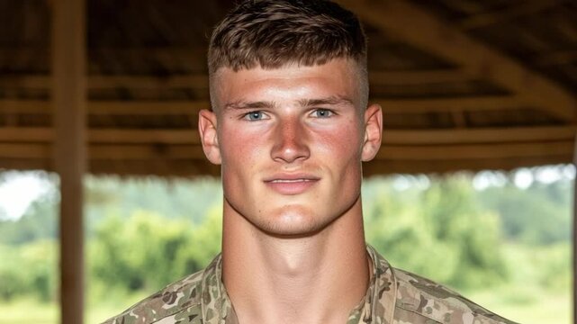 Young Soldier with Short Hair Smiling in Camouflage Uniform in Outdoor Military Setting