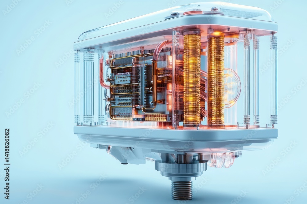 Poster futuristic quantum computer with gold and silver metallic components in isometric view on blue gradi