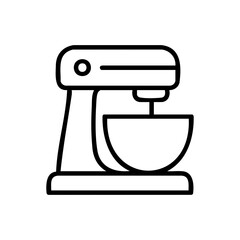 Simple black outline icon of a stand mixer with mixing bowl, ideal for baking blogs, cooking apps, or kitchen appliance branding.
