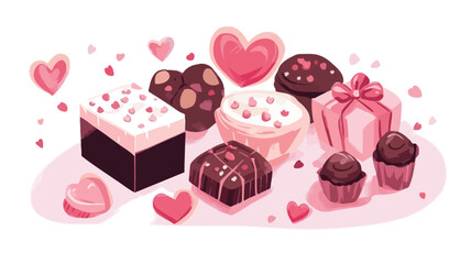 A whimsical digital illustration shows a variety of delightful Valentine's Day chocolates and candies. The piece features chocolates in a variety of shapes and textures, and is illustrated with