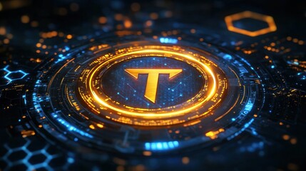 Futuristic digital emblem with glowing neon highlights, high-tech holographic interface, hexagonal grid background, cyberpunk style, blockchain technology, virtual finance, cybersecurity