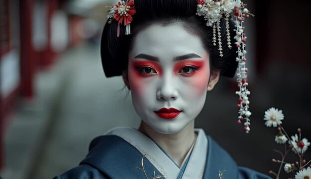 A stunning portrait of a geisha in a beautiful kimono. The image captures the rich culture and elegance of Japan.