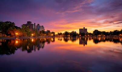 Fototapeta premium City park sunset reflection. Calm waters mirror the vibrant colors of a city skyline at sunrise or sunset