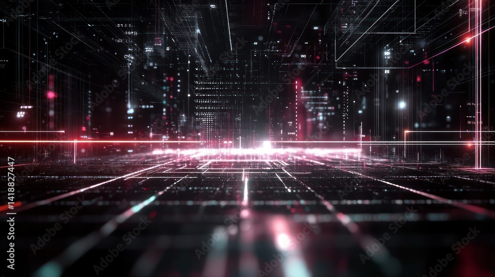Poster futuristic digital cyberspace with neon light trails glowing network connections high contrast techn