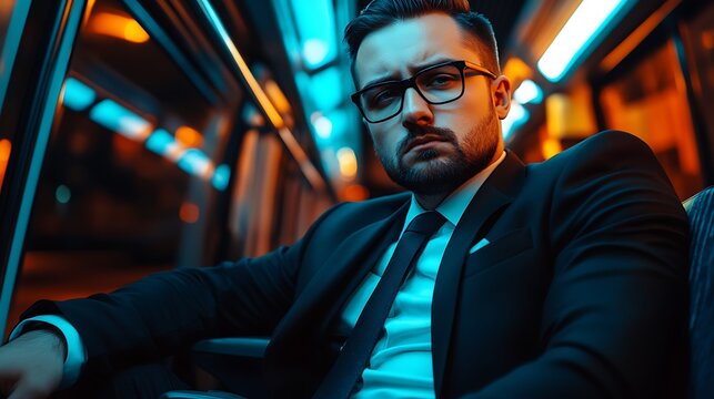 Pensive man in suit on public transport