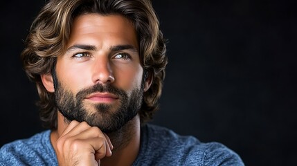 Obraz premium Pensive man with long hair and beard